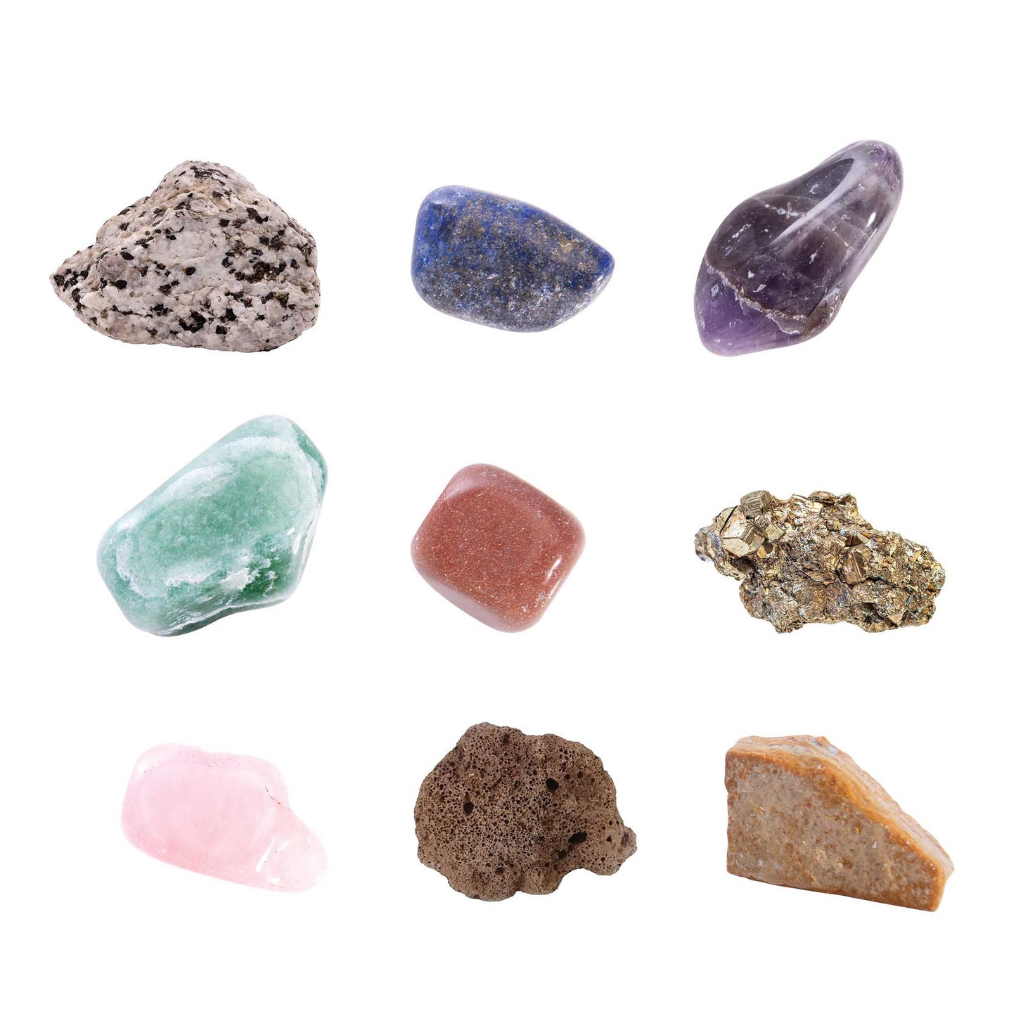 Collection of various crystals and rocks on a white background