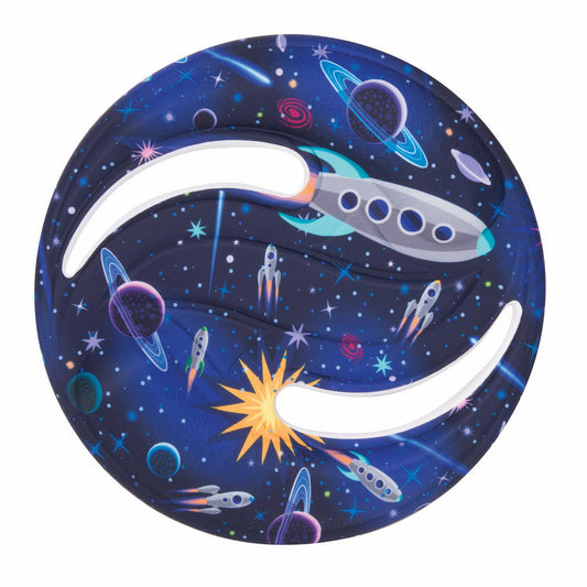 Space-themed frisbee with planets, stars, and a spaceship on a blue background