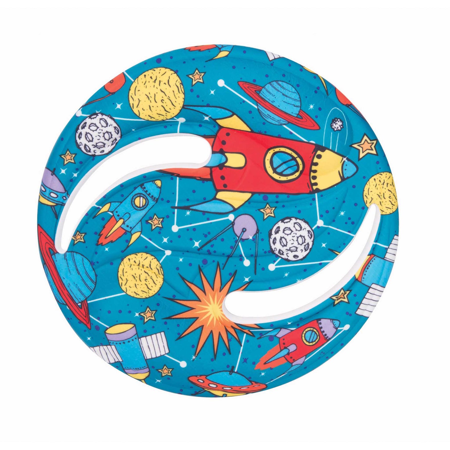 Space-themed frisbee with rockets, planets, and stars on a blue background.