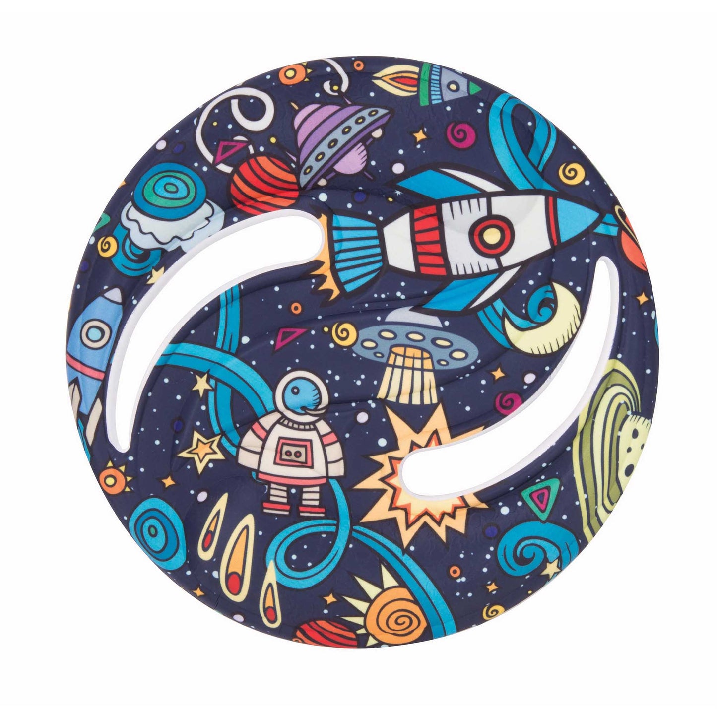 Space-themed frisbee with colorful patterns on a white background