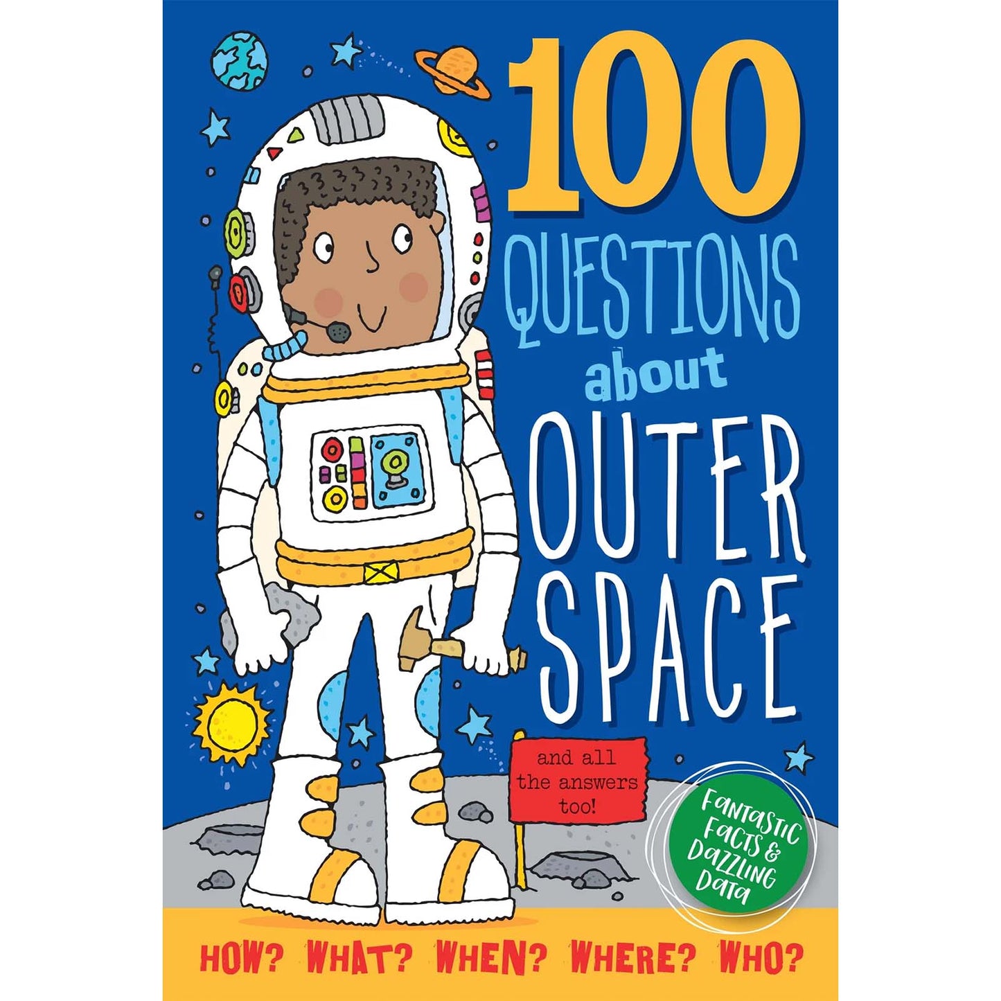 Book cover of '100 Questions about Outer Space' with an astronaut illustration on a blue background.