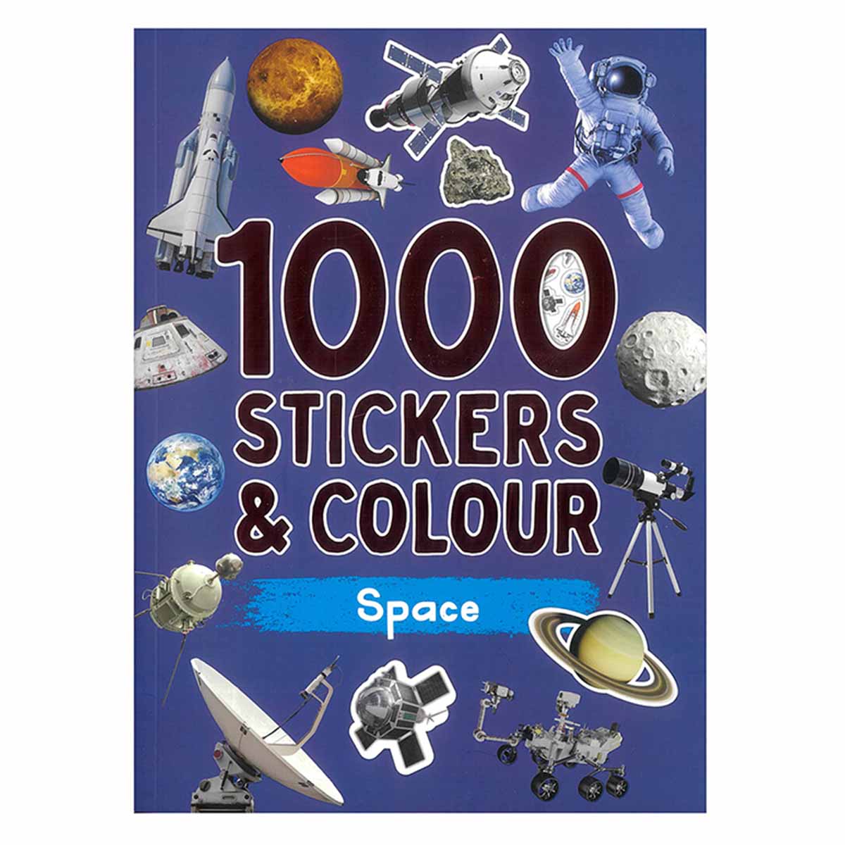 Book cover with space-themed illustrations and text '1000 Stickers & Colour Space'.