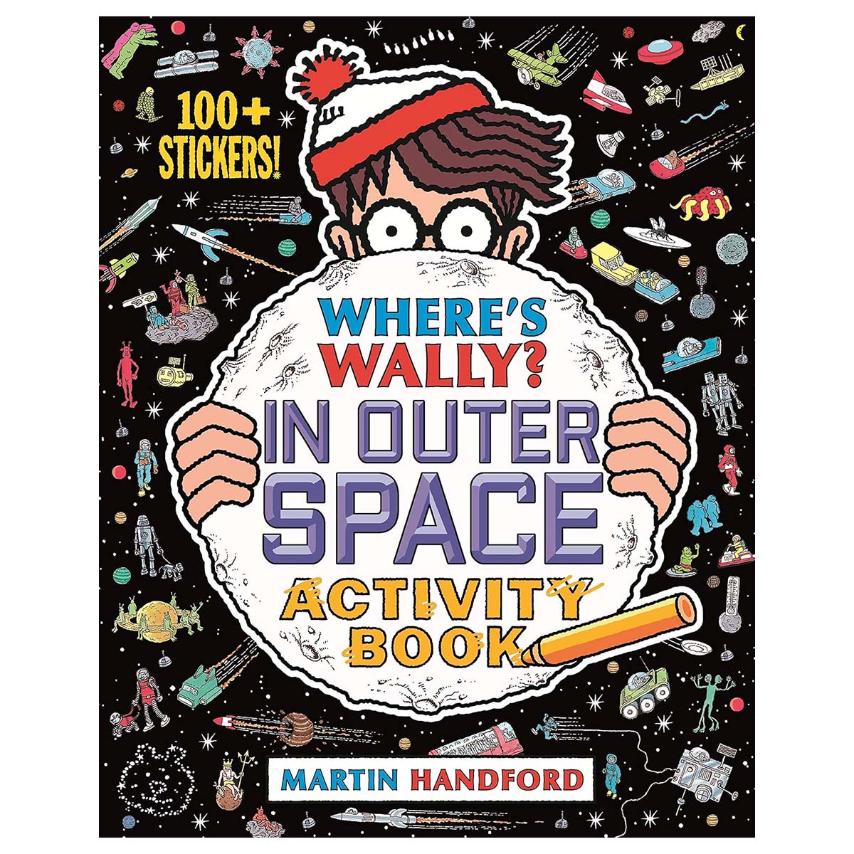 Activity book cover featuring a Wally peeking over a planet with space-themed illustrations.