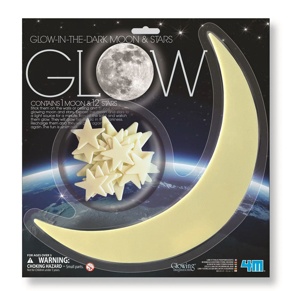 Glow-in-the-dark moon and stars set packaging with moon and stars visible