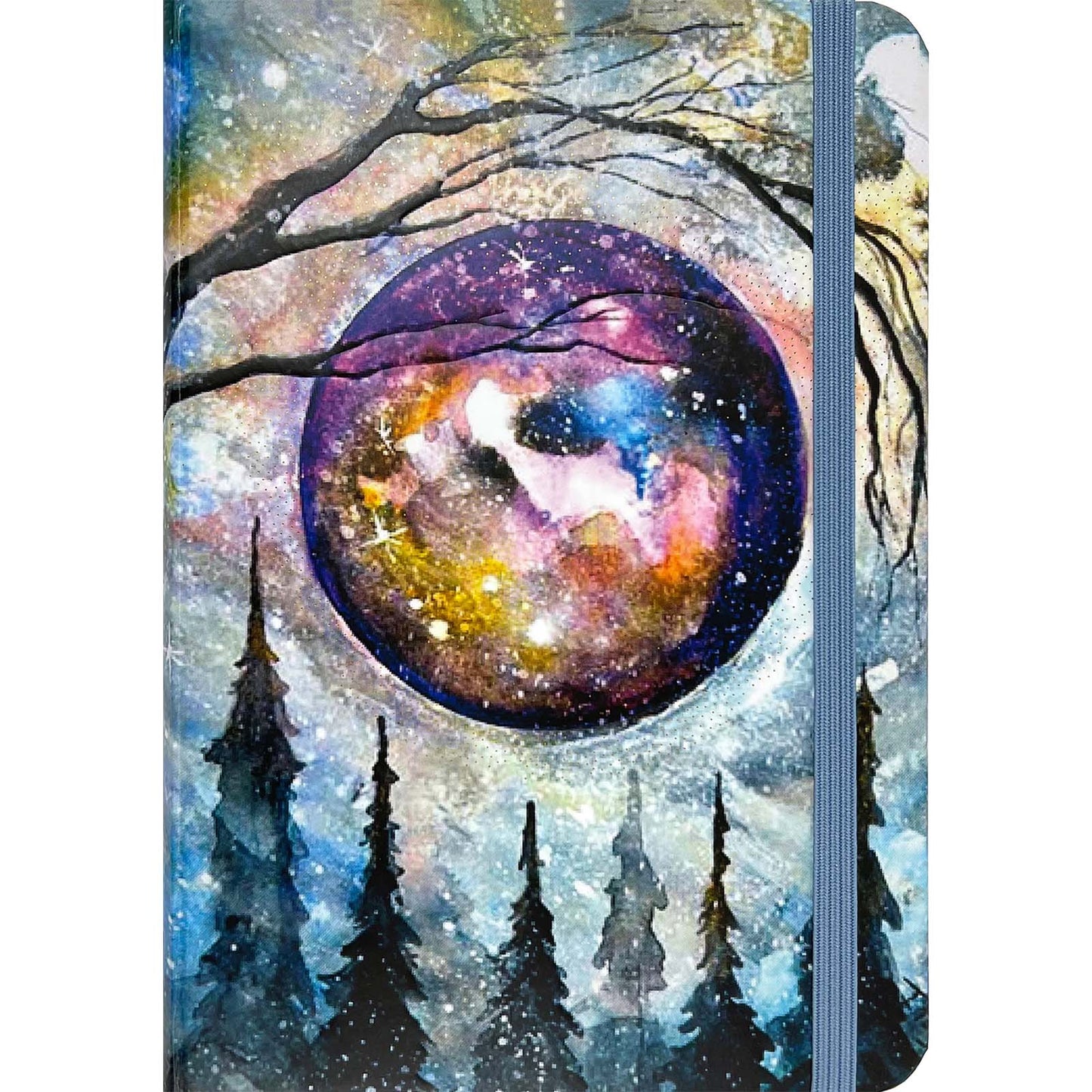 Notebook with a cosmic design featuring trees and a moon, on a white background