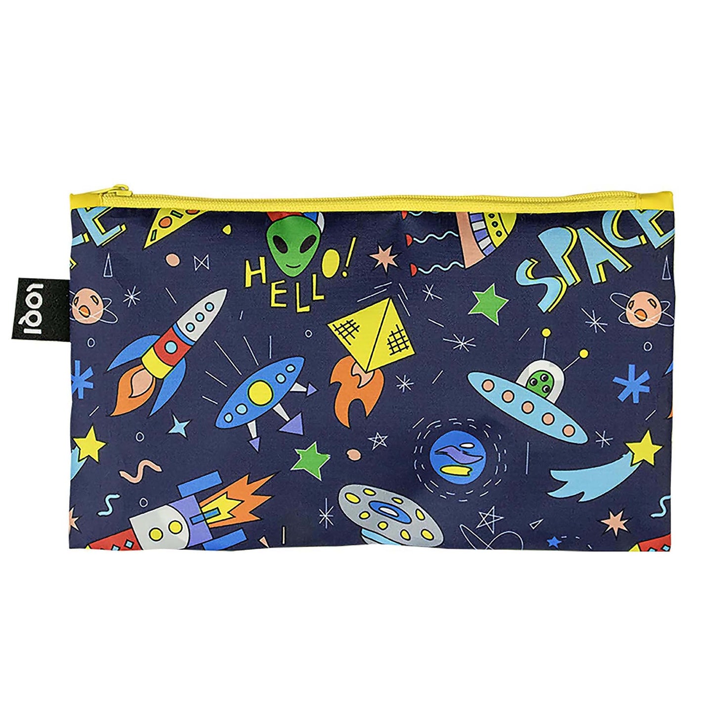 Pouch with space-themed design featuring rockets, aliens, and stars on a dark blue background.