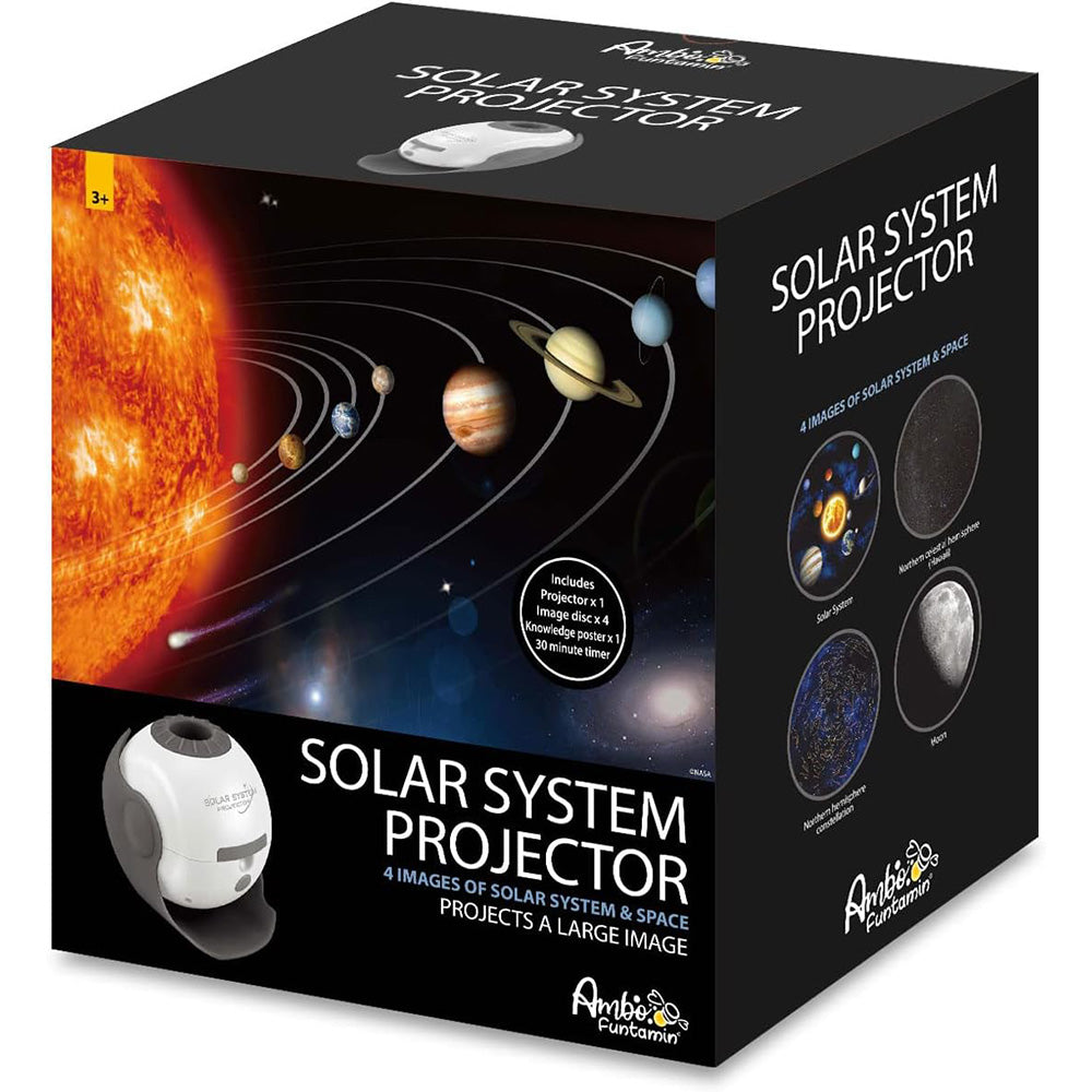 Box of a solar system projector with images of the sun and planets on a black background.