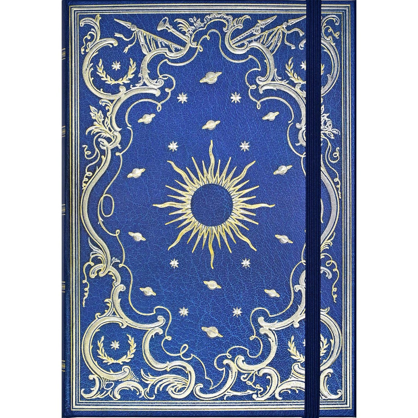 Decorative book cover with sun and star design on a blue background
