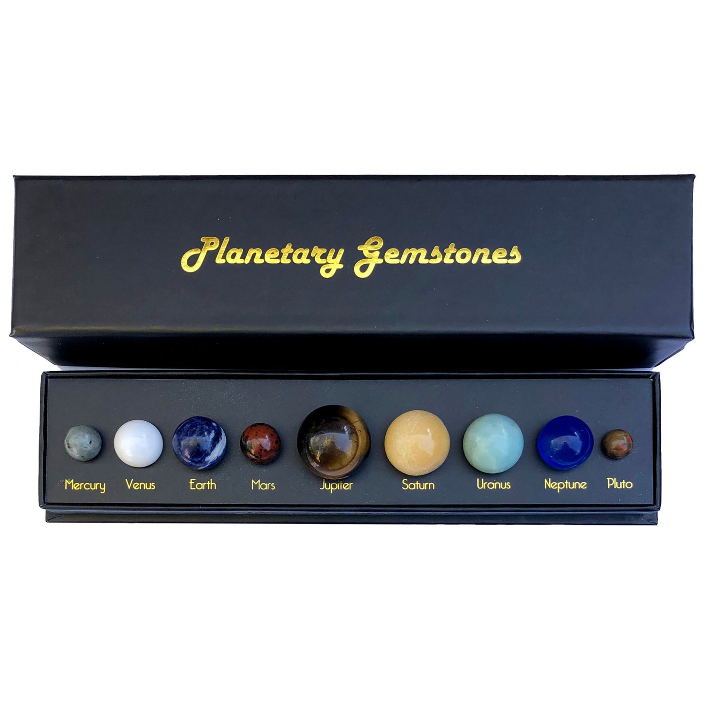 Box of Planetary Gemstones with labeled stones on a white background