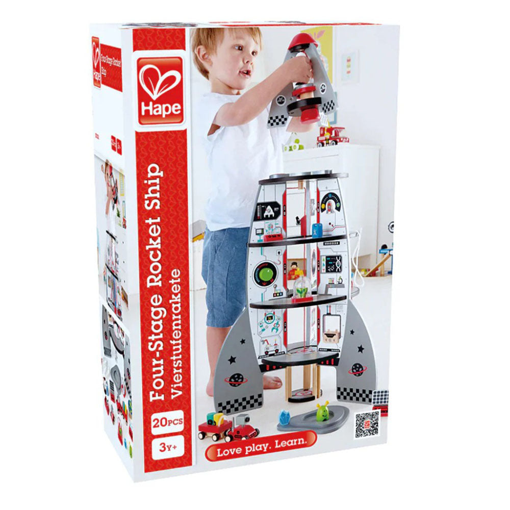 Hape Four-Stage Rocket Ship toy set packaging with a child playing with the toy.