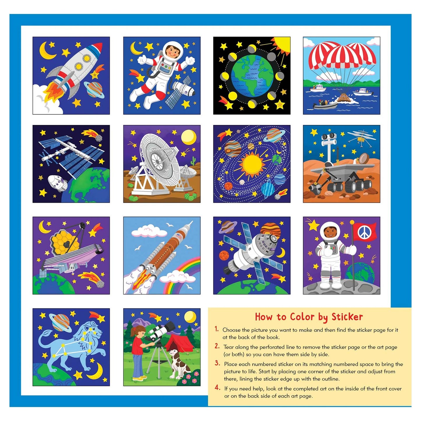 Coloring book with space-themed illustrations and instructions on how to color by sticker.
