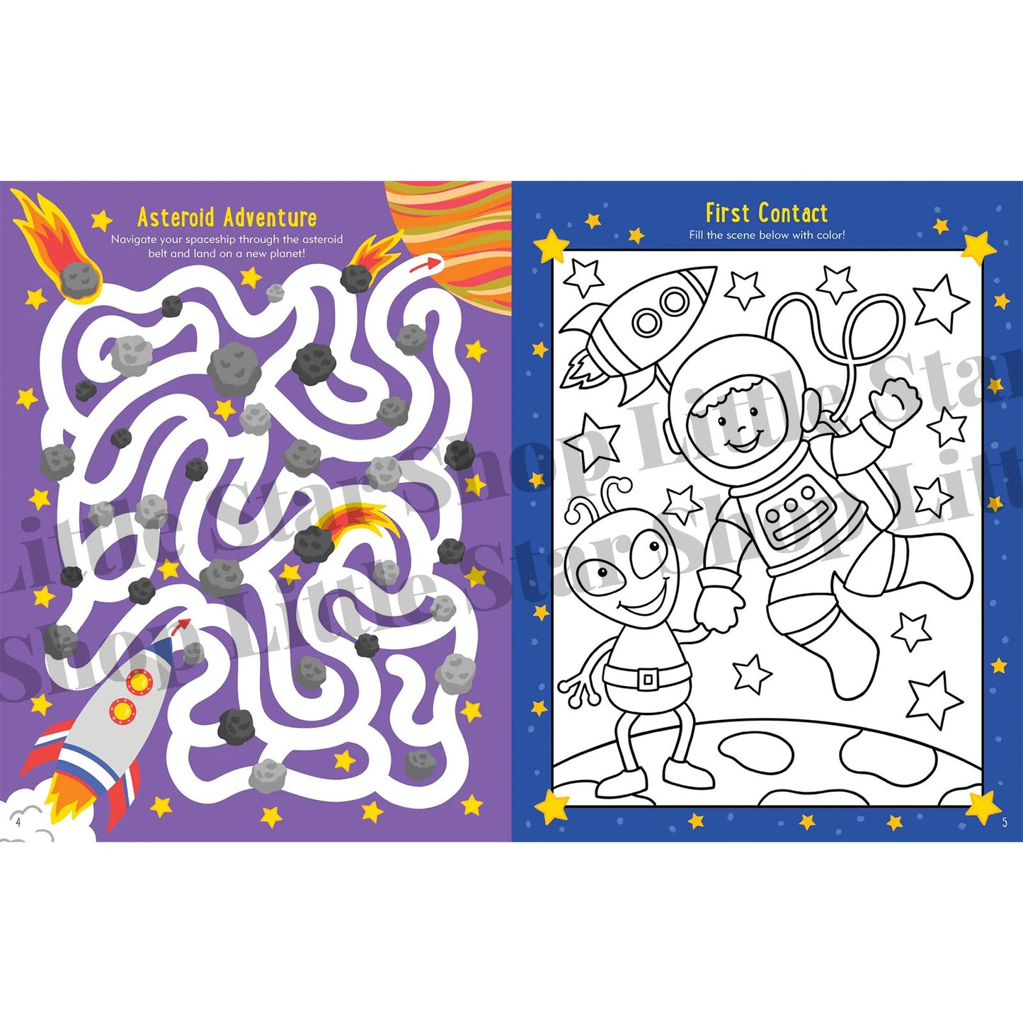 Coloring book page with maze and coloring activity on space theme