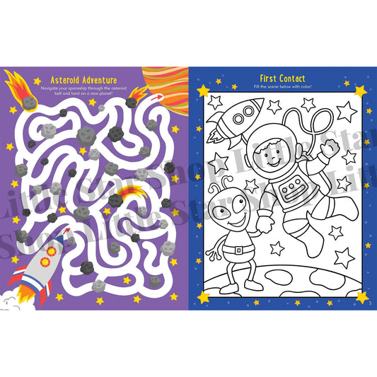 Coloring book page with maze and coloring activity on space theme