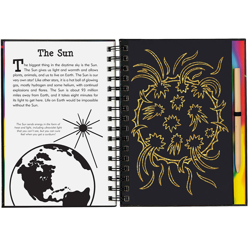Open notebook with educational content about the Sun, featuring a black and white illustration of Earth and a gold sun design.