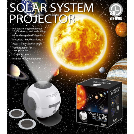 Solar system projector with packaging on a space-themed background