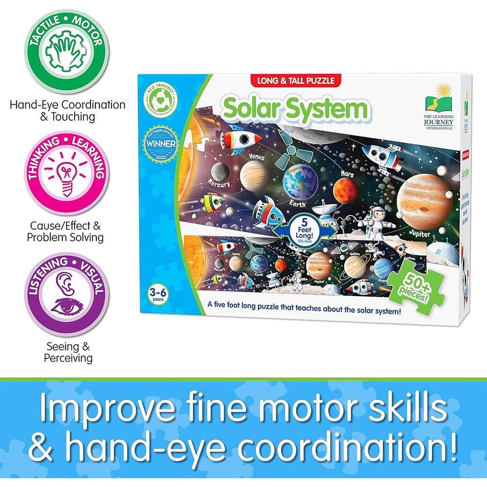 Solar system puzzle box with educational benefits on a blue background