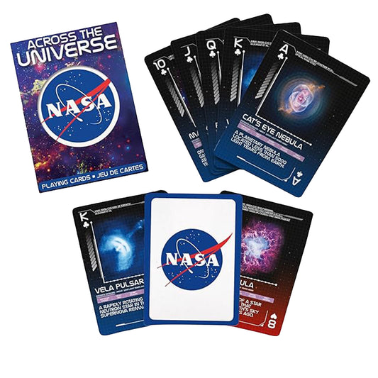 NASA-themed playing cards with space-themed designs on a white background