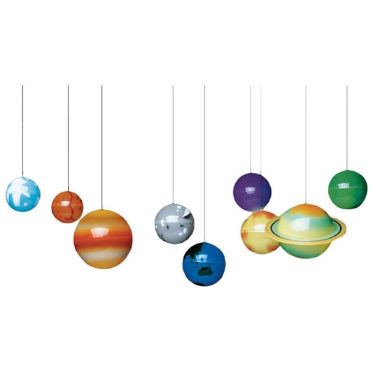 Colorful model of planets hanging from strings on a white background