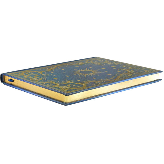 Decorative notebook with blue cover and gold accents on a white background