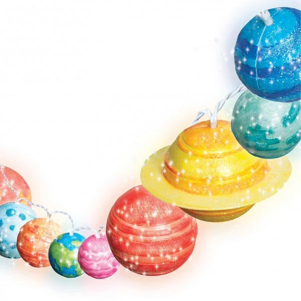 Colorful LED string lights on a white background