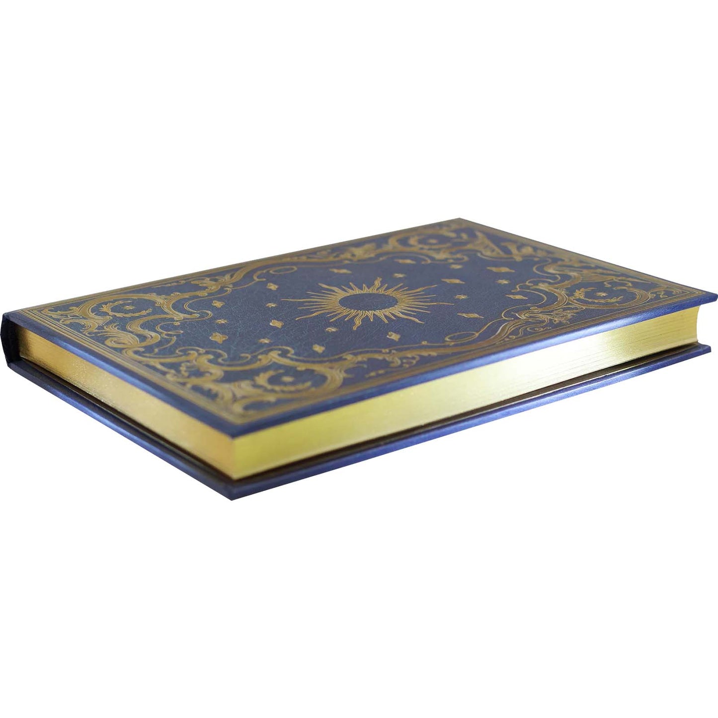 Decorative blue book with gold embossed design on a white background