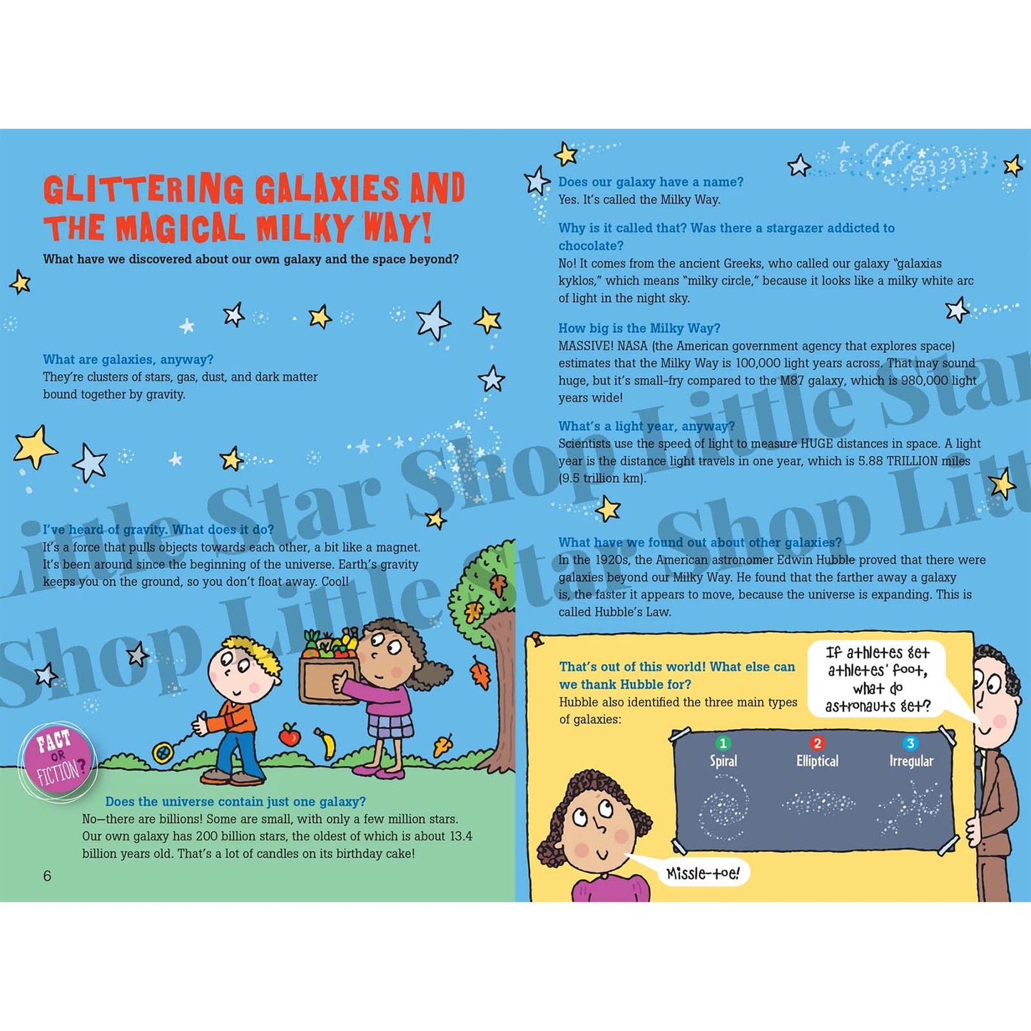 Educational children's book page about space and galaxies with cartoon characters and text.