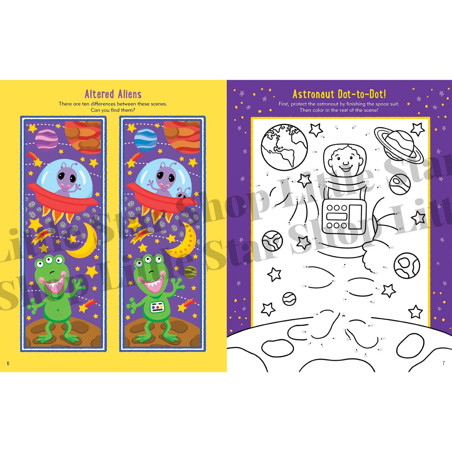 Educational pages with space-themed activities including dot-to-dot and differences game.