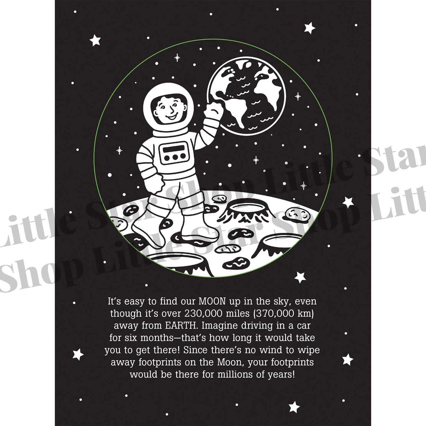 Illustration of an astronaut on the moon with text about the moon's distance from Earth.
