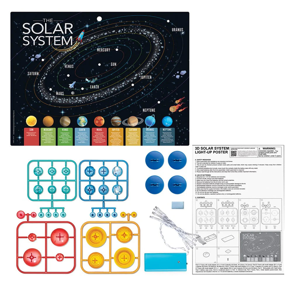 Solar system educational kit with light-up poster, models, and components on a white background
