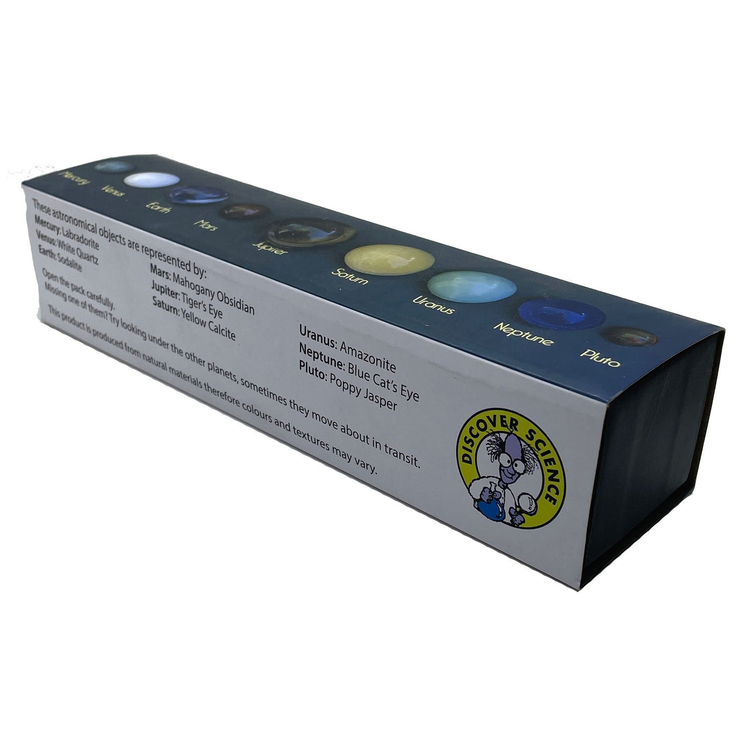 Box with illustrations of planets and 'Discover Science' logo on a white background