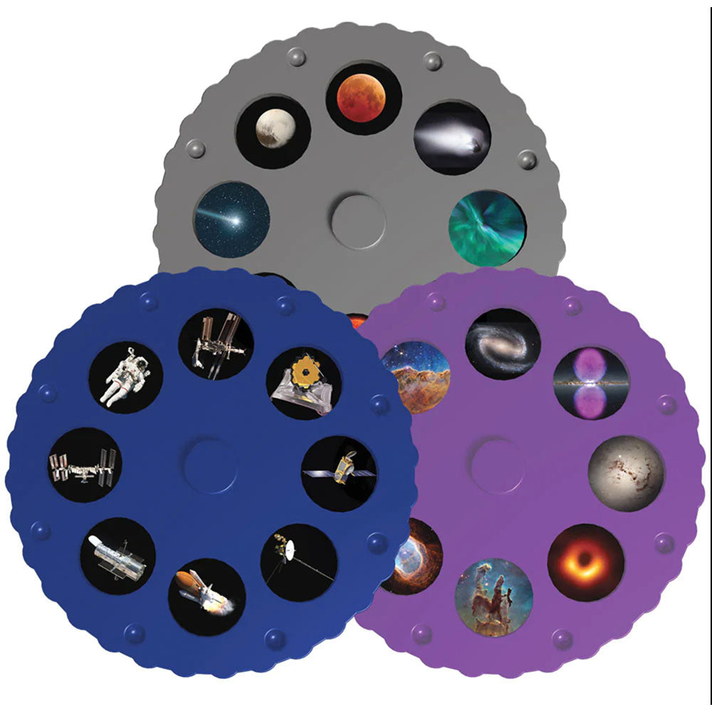 Three circular panels with space-themed images on a white background