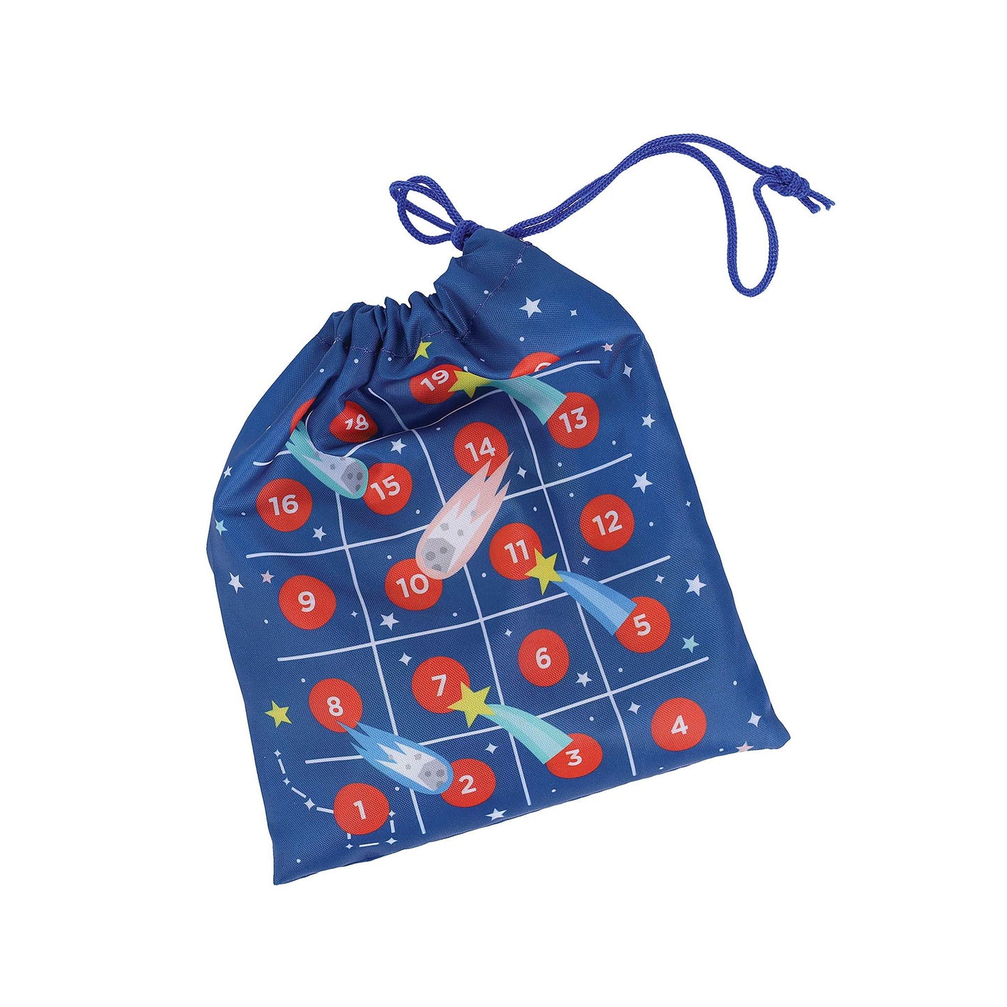 Blue drawstring bag with space-themed design on a white background