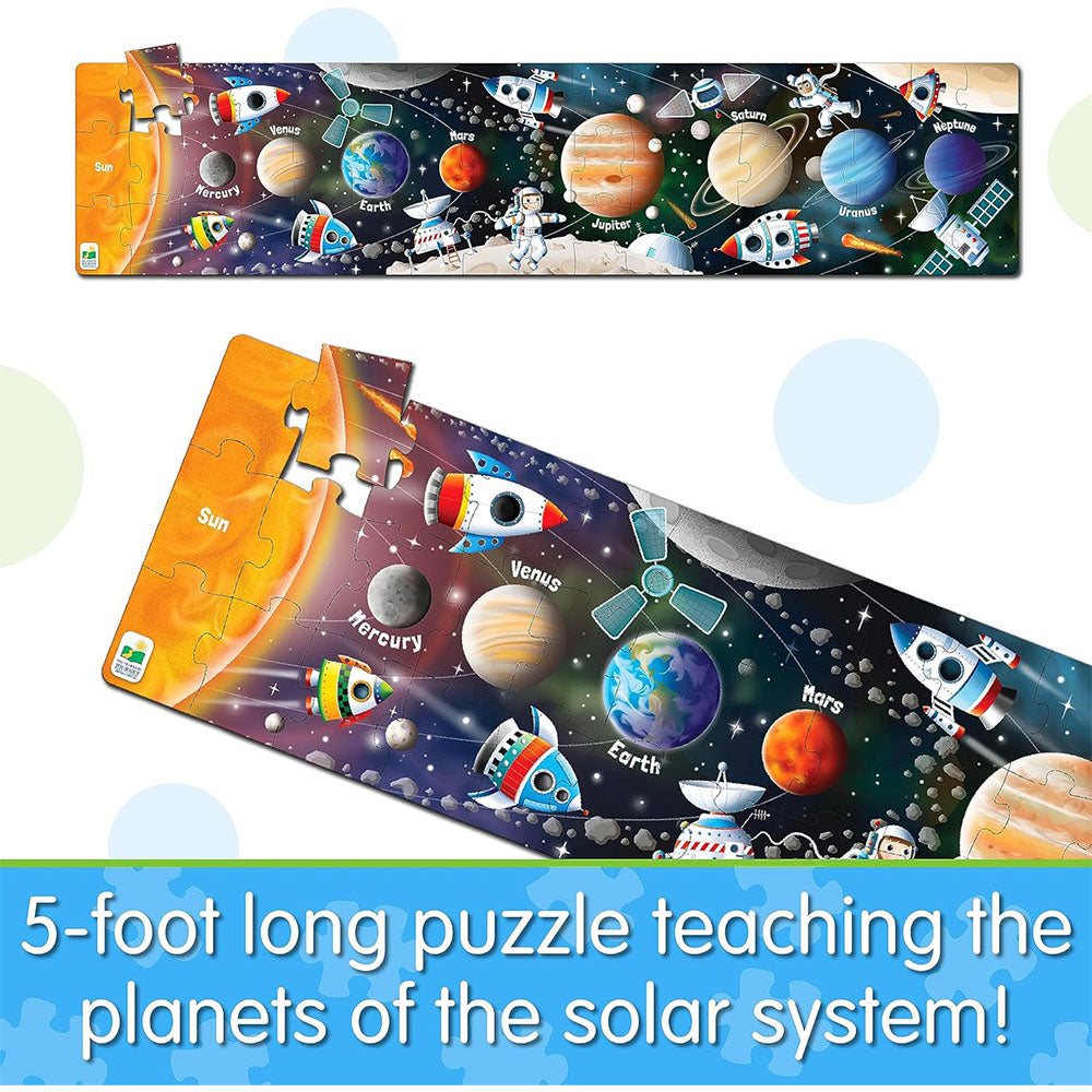 Solar system puzzle with colorful illustrations of planets and space-themed elements on a white background.