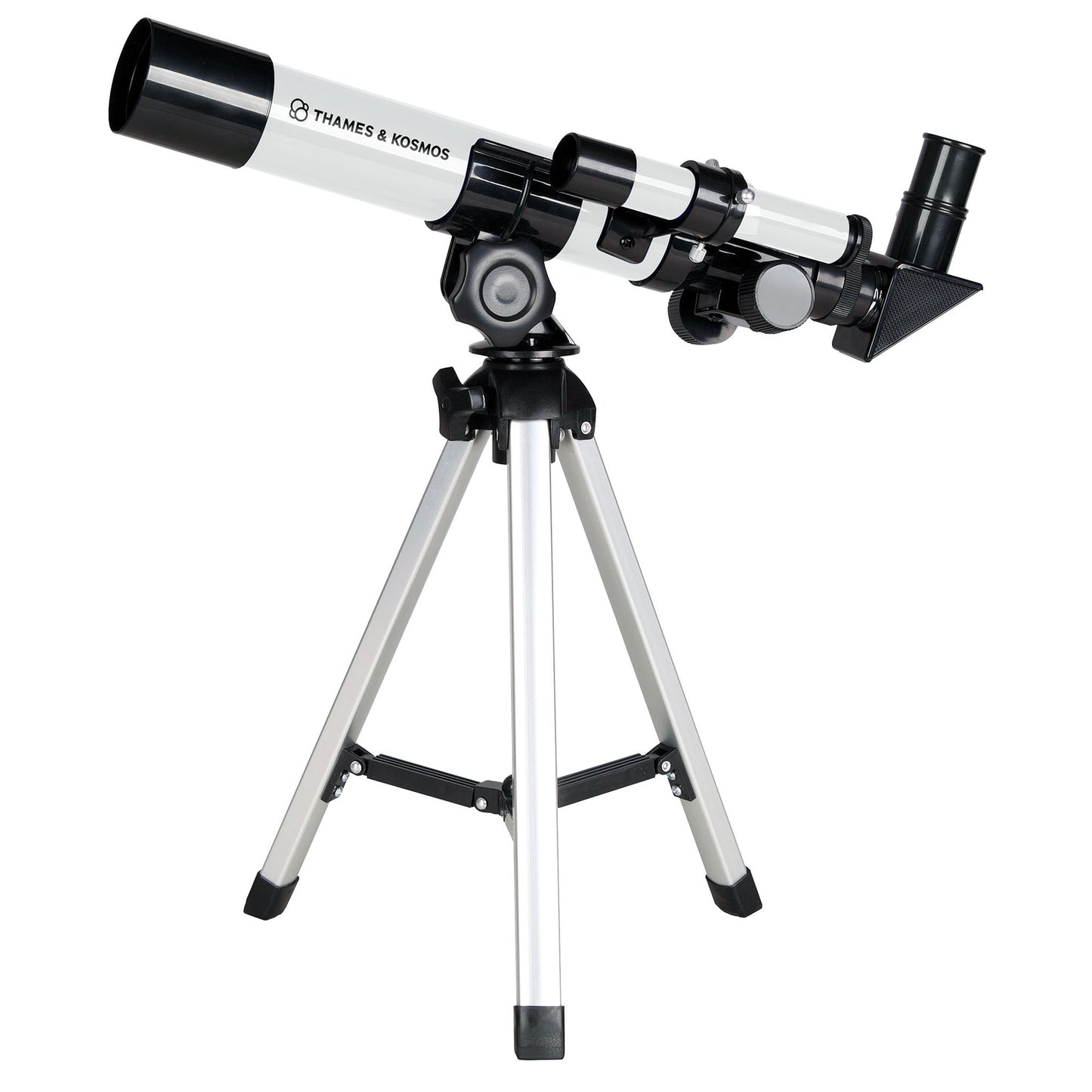 Telescope with tripod on a white background, brand 'Thames & Kosmos' visible