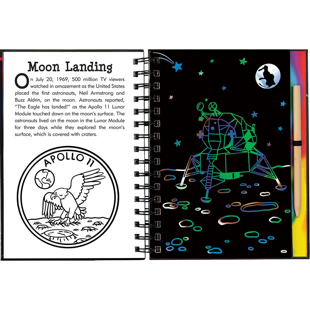 Spiral-bound book with moon landing illustration and text on a white background