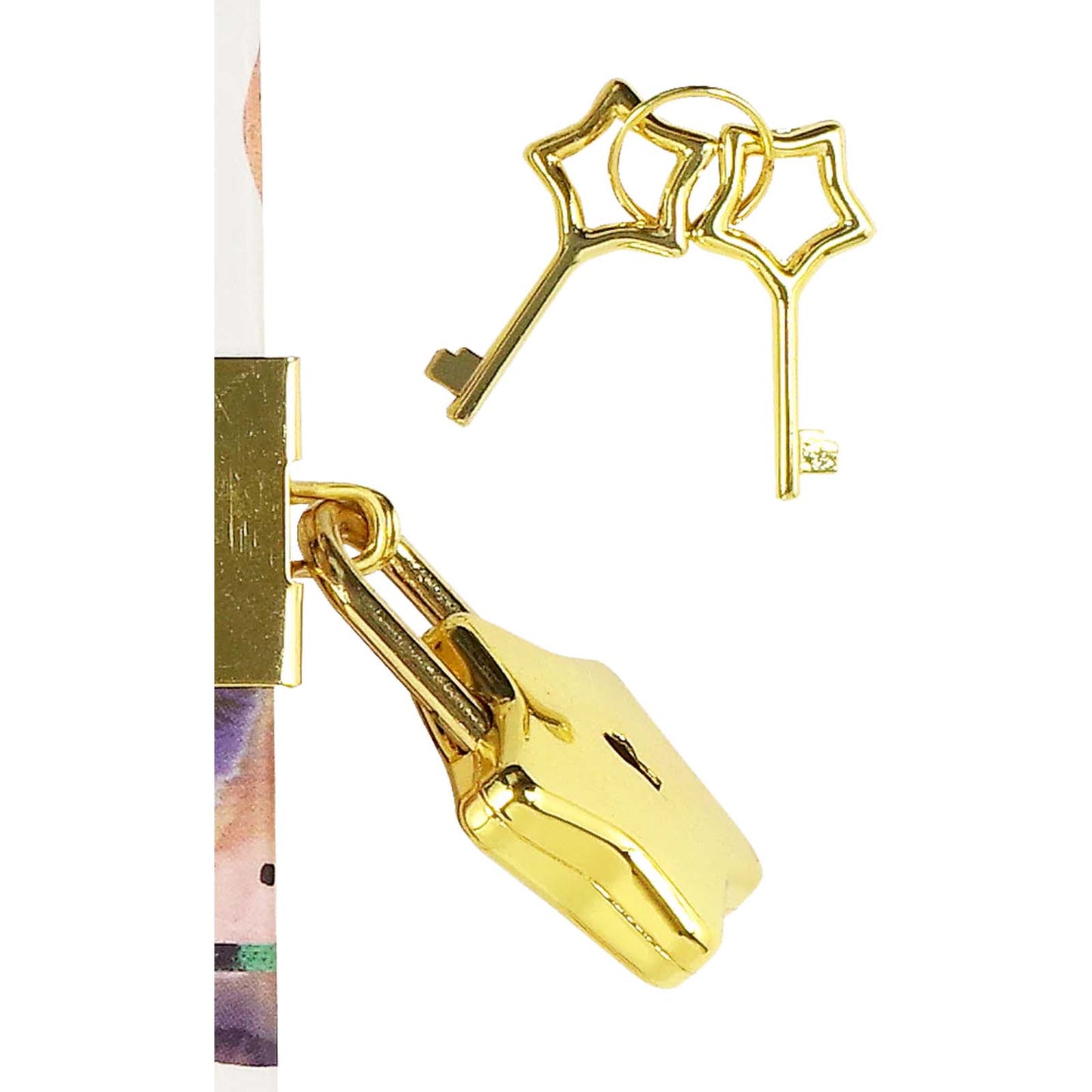 Gold padlock and key-shaped earrings on a white background