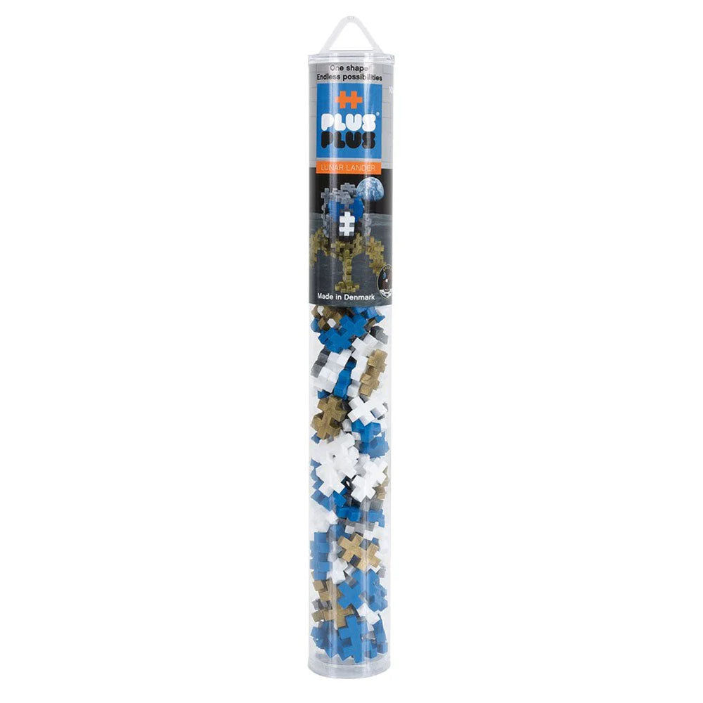 Tube of Plus-Plus building blocks with blue, white, and brown pieces on a white background