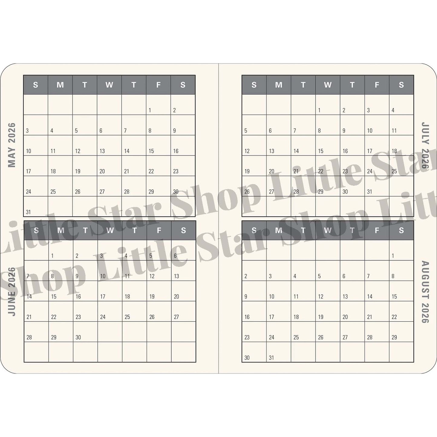 Calendar with May to August 2026 dates on a white background
