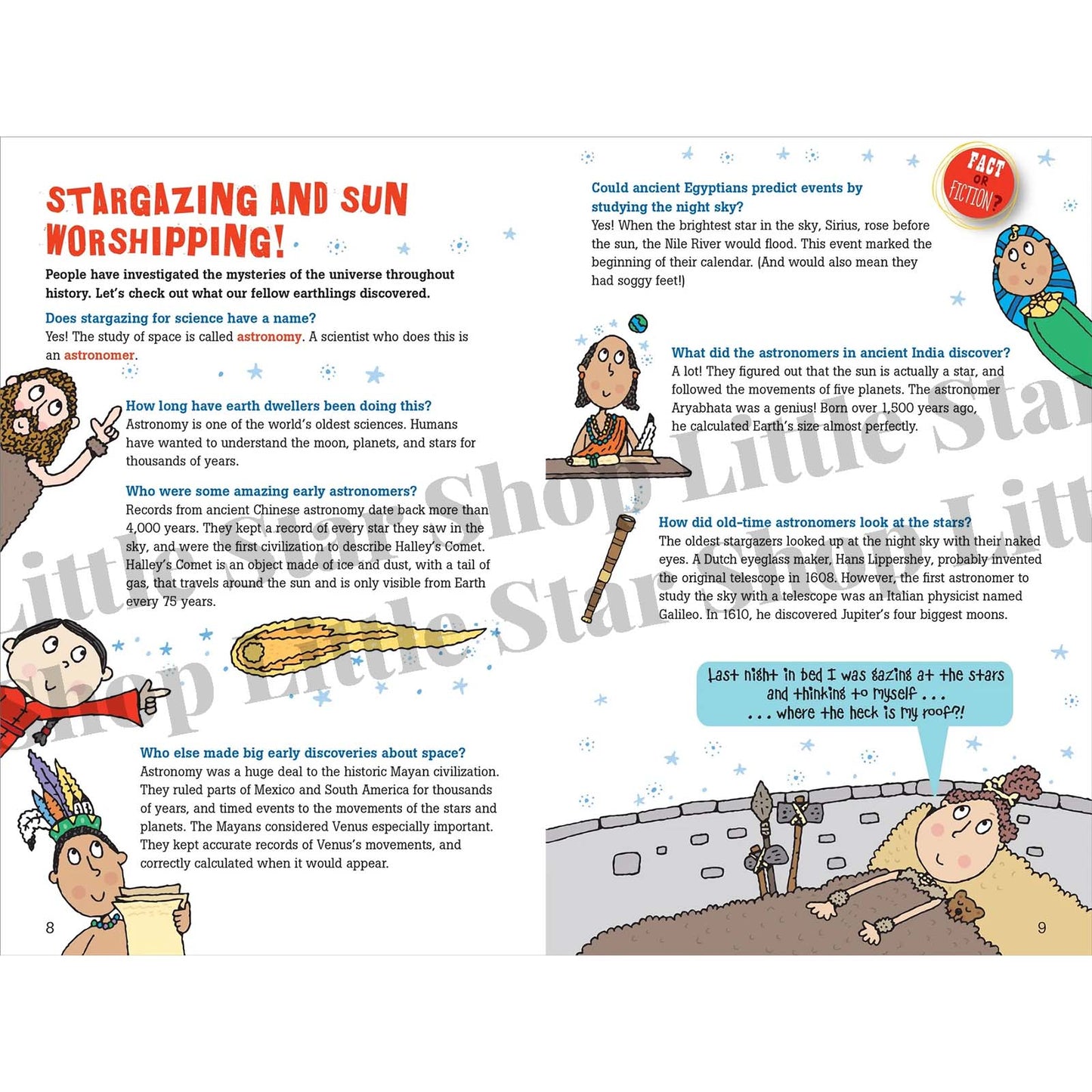 Educational children's book page about astronomy and sun worshiping with cartoon characters and text.
