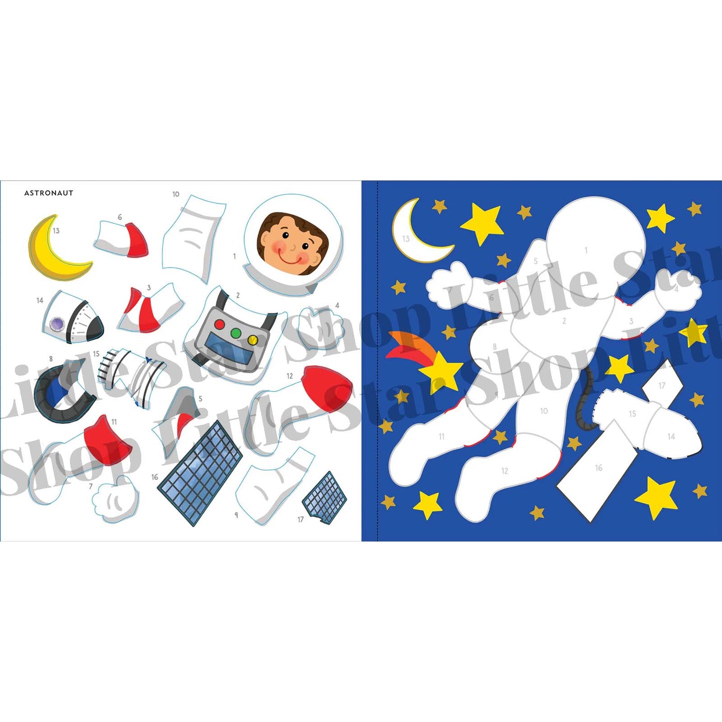 Children's book page with astronaut cutouts and space-themed illustrations.