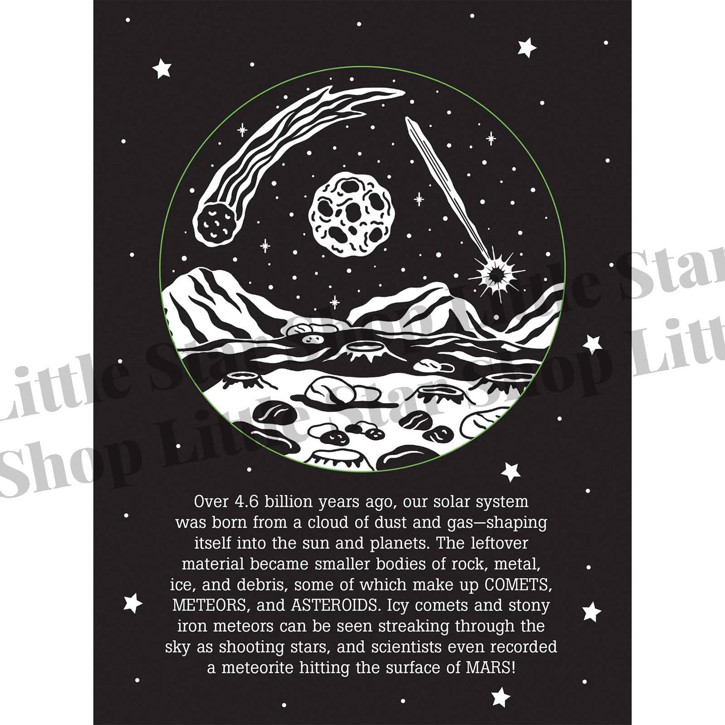 Illustration of a celestial scene with mountains, comets, and meteors on a black background with star patterns.
