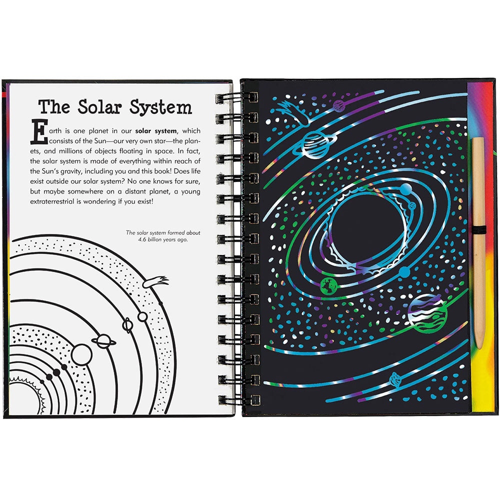 Coloring book open to pages about the solar system with illustrations and text.