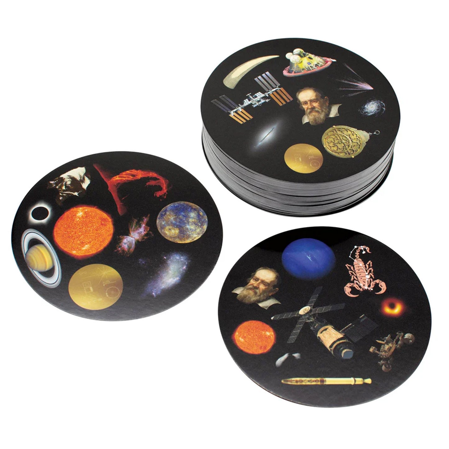 Set of coasters with space-themed designs on a white background