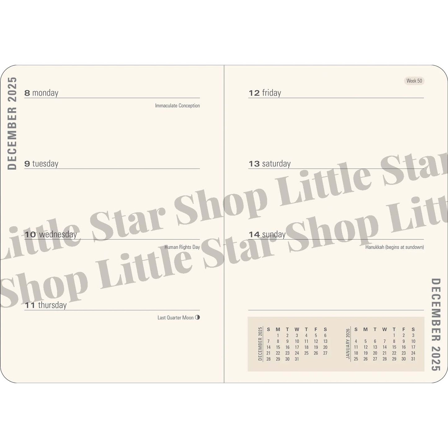 Calendar page for December 2025 with 'Little Star Shop Little' branding.