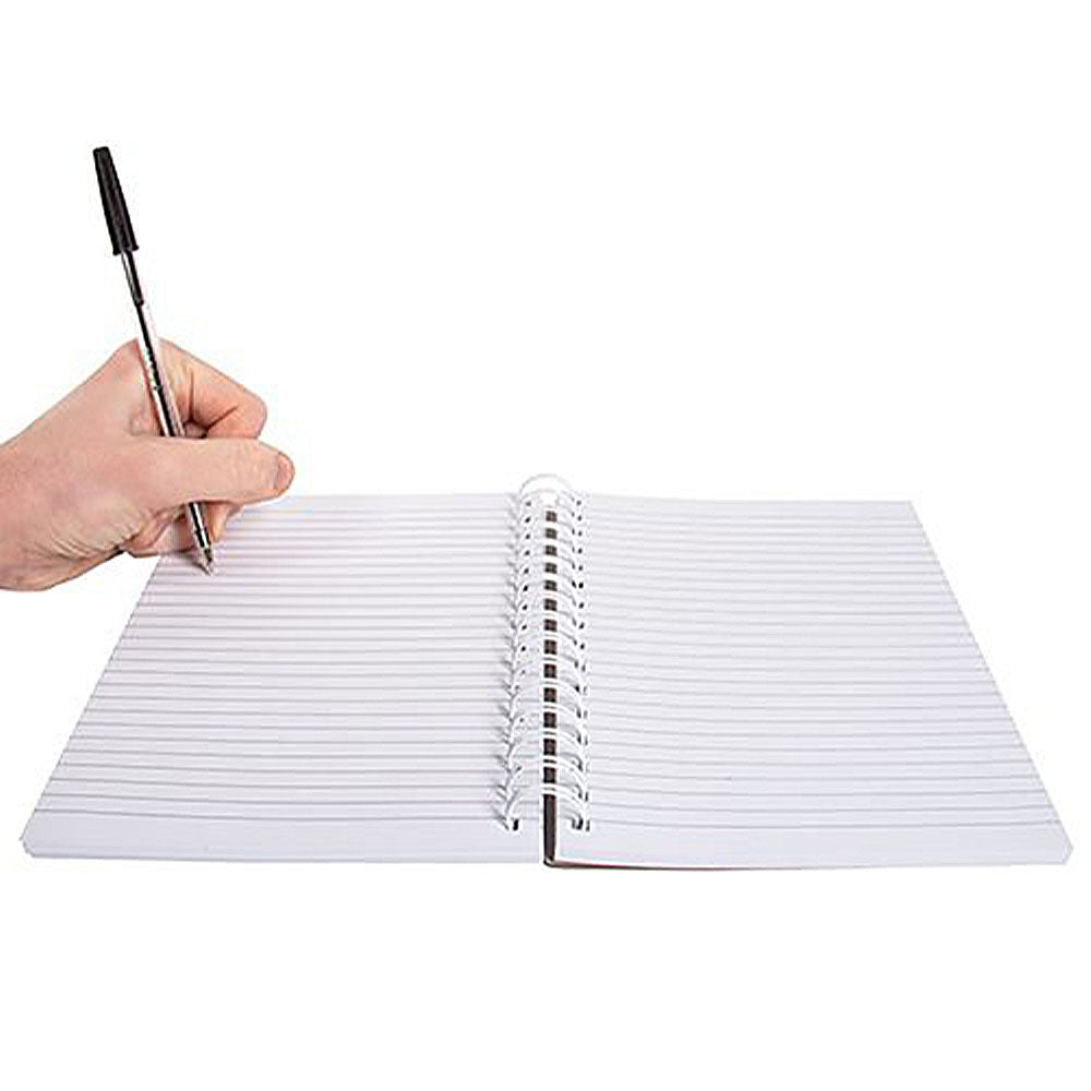 Open notebook with lined pages and a hand holding a pen on a white background