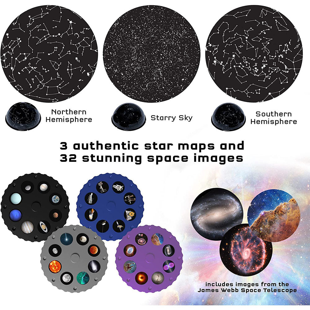 Set of star maps and space images with labels for Northern Hemisphere, Starry Sky, Southern Hemisphere, and celestial objects.