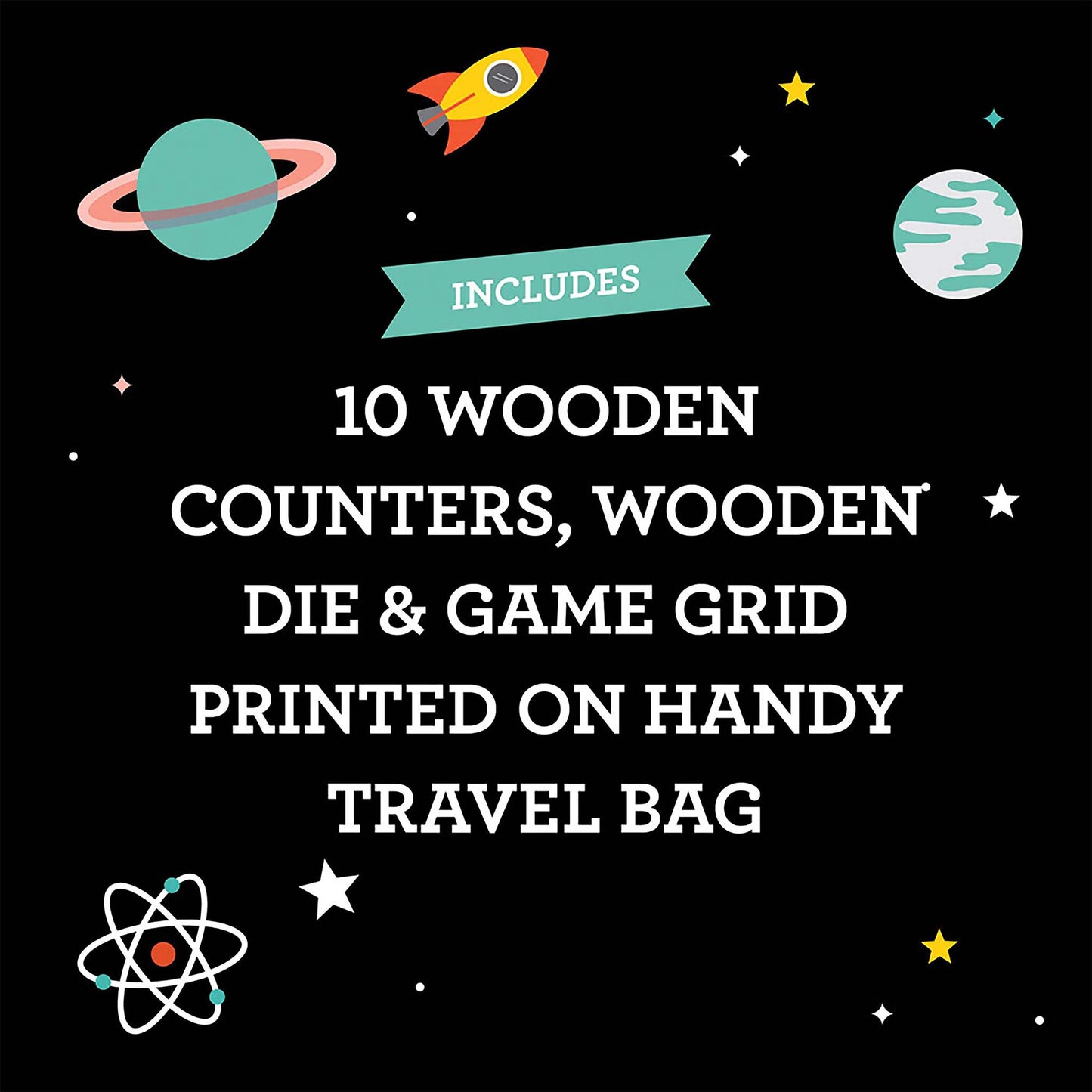 Product description card with space-themed graphics on a black background