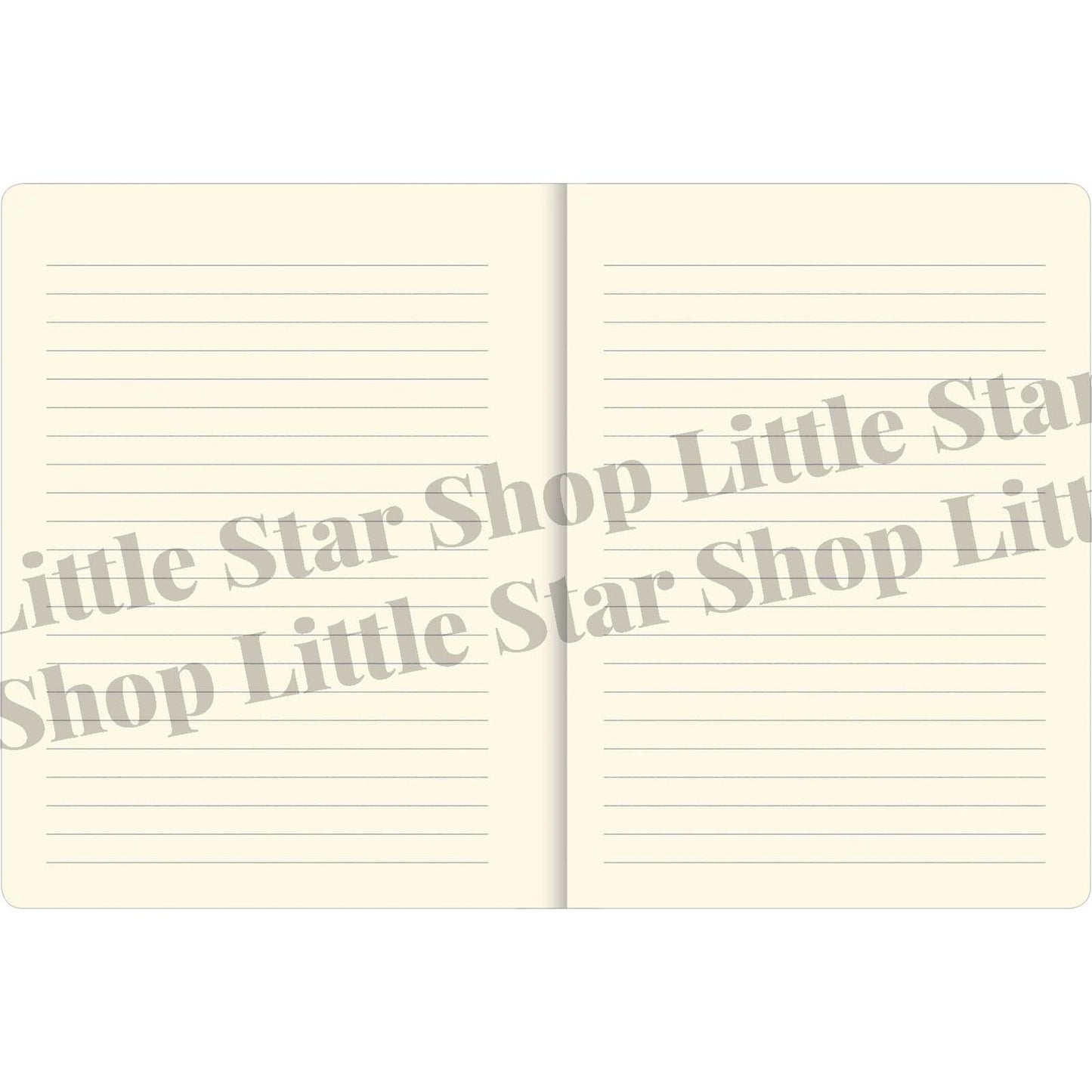 Open notebook with lined pages and 'Little Star Shop' branding on a white background