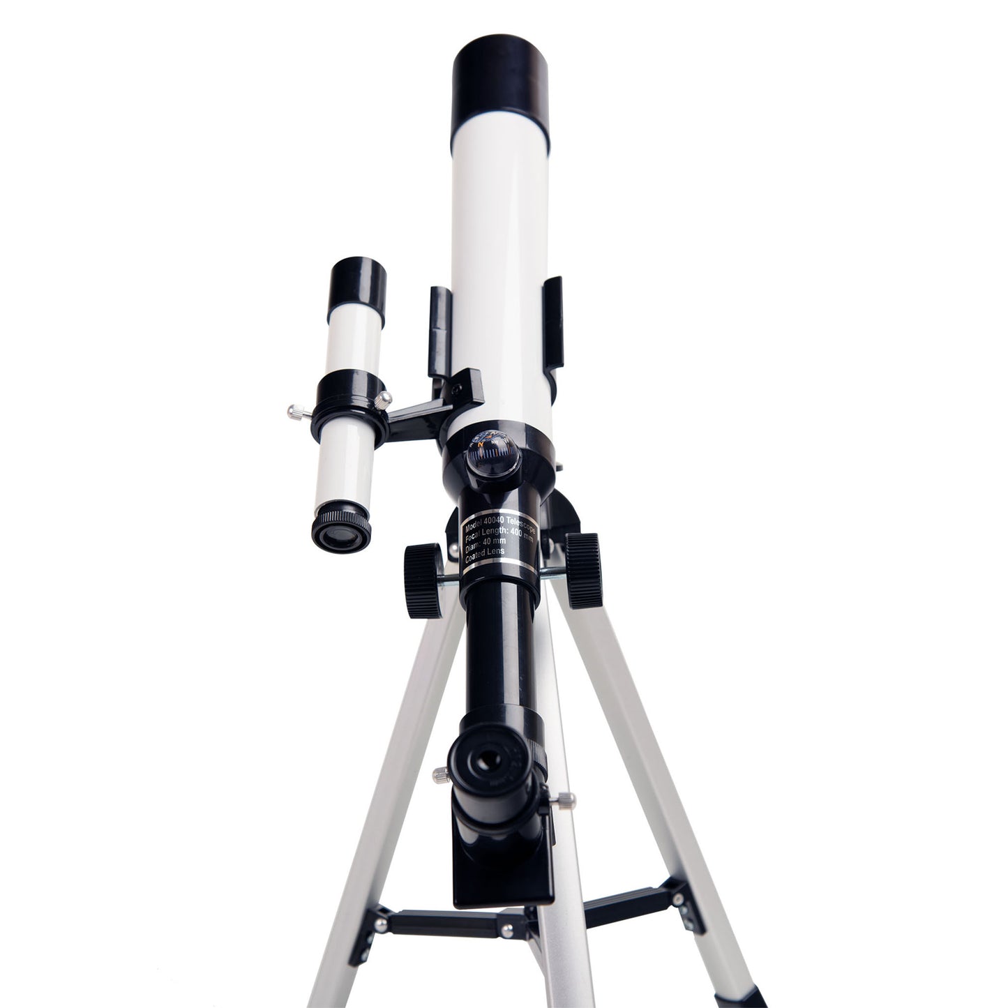 Telescope with white tube and black optics on a white background