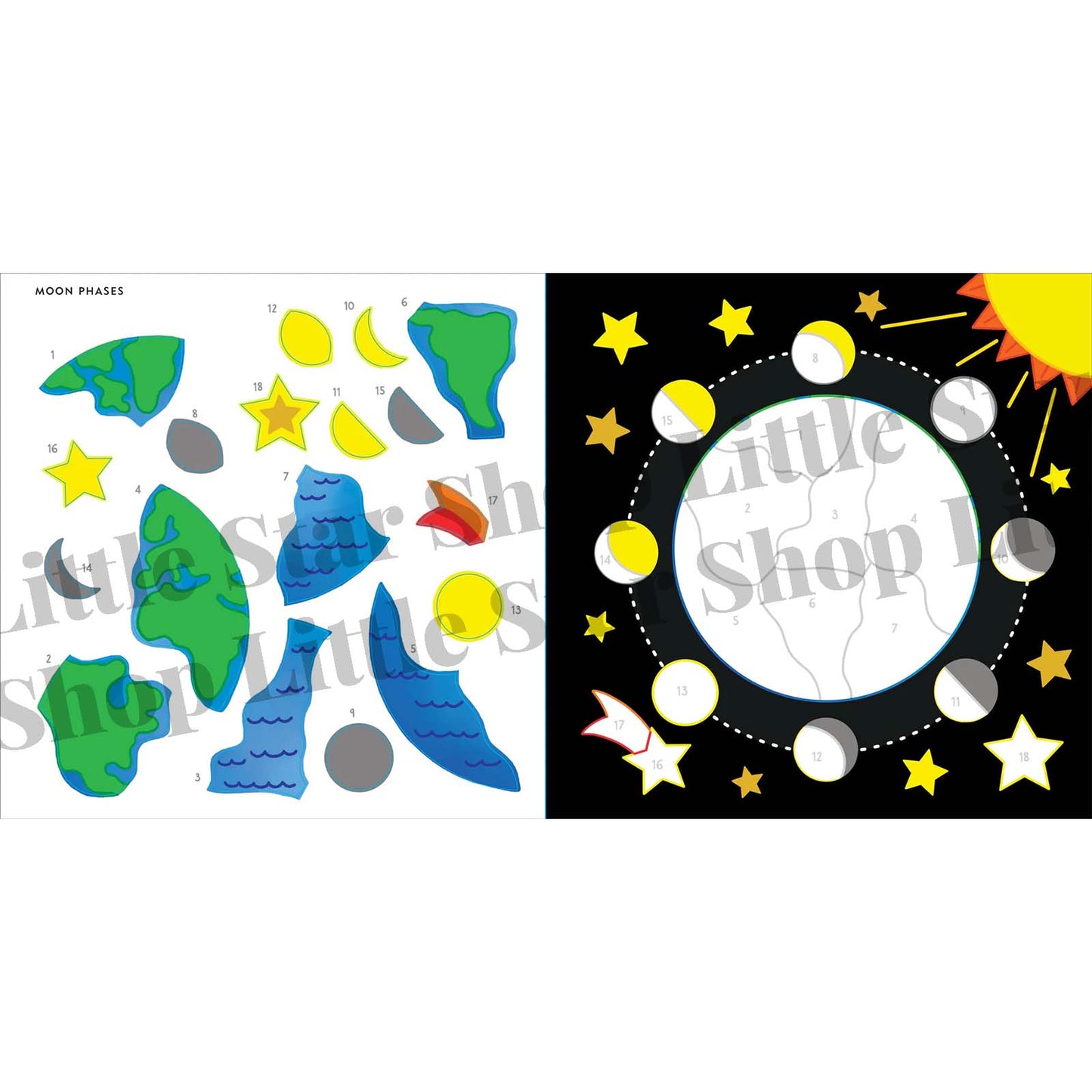 Educational moon phases stickers with 'Little Shop' branding on a white background.